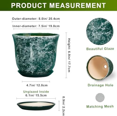 8 Inch Plant Pot - Ceramic Planter with Drainage Hole and Saucer, Round Planter for Indoor Outdoor, Modern Planters, Decorative Flower Pots, Office Room Home Decor, Plant Lover Gifts, Green - Image 2