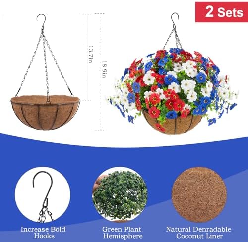 Hananona 2 Set Artificial Outdoor Flowers with Hanging Basket, 2 Hanging Planters with 24 Pcs Patriotic Flowers for Summer Front Porch Patio 4th of July Decor (Red, White, Blue) - Image 2