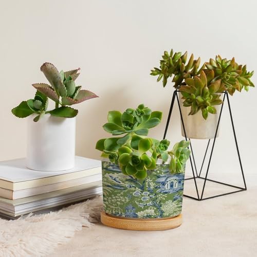 Garden Green Chinoiserie Planter Ceramic Asian Peacock Floral Round Flower Pot with Drainage Holes and Bamboo Tray Pot for Succulents Cactus Garden Windowsill - Image 4