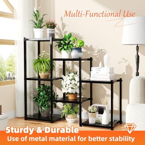Simple Trending Plant Stand Indoor Outdoor, Heavy Duty Metal Waterproof 7 Tiered Plant Shelf for Multiple Flower Planter Holder Tall Large Rack, Black - Image 2
