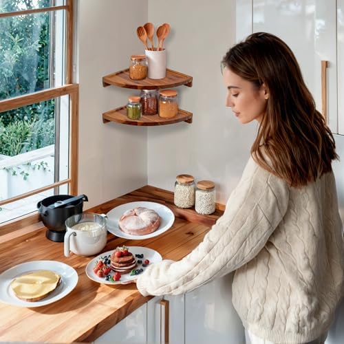 Demigo Round Floating Corner Shelves, Natural Acacia Wall Shelf, Set of 2 - Image 2