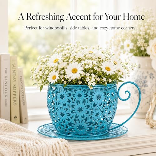 Iron Teacup Planter, Vintage Coffee Cup Flower Pot with Floral Cutout Design, Suitable for Indoor Outdoor Decoration, Ideal for Succulents Flowers, Balcony Garden Decor (Blue) - Image 2