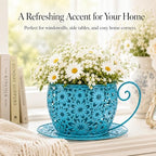 Iron Teacup Planter, Vintage Coffee Cup Flower Pot with Floral Cutout Design, Suitable for Indoor Outdoor Decoration, Ideal for Succulents Flowers, Balcony Garden Decor (Blue) - Image 2