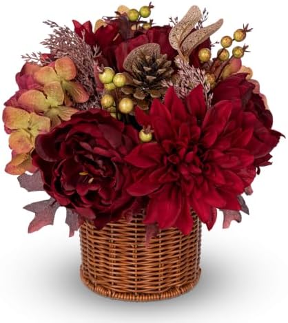 Hydrangea 13.8" Fall Flowers Arrangement in Baskets Pot Outdoor Indoor Fake Hydrangea Peonies Artificial Flowers in Woven Baskets Fall Decor Red Orange Faux Plants Porch Autumn Decorations for Home by Hollyone