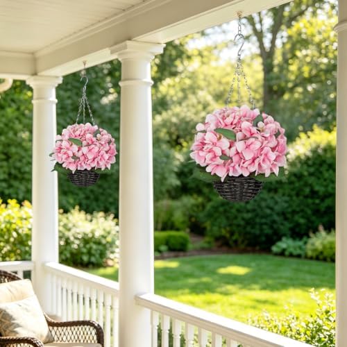 Hollyone Pink Hydrangea Artificial Hanging Flowers with Basket for Outdoor, UV Resistant Large Faux Hanging Flowers Plants in Pot for Garden Yard Balcony Porch Home Indoor Outdoor Decor - Image 6