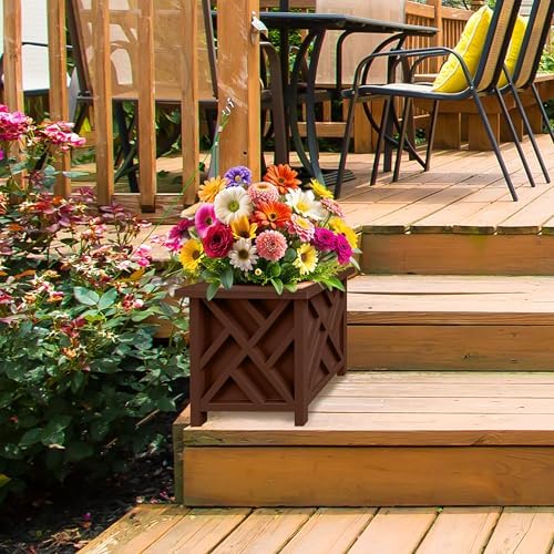 Lattice Design Planter Box - 15.5-Inch-Square Decorative Outdoor Flower or Plant Pot - Front Porch, Patio, and Garden Decor by Pure Garden (Brown) - Image 5