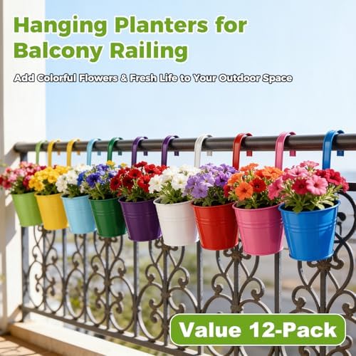 12 Pack Balcony Planters Railing Hanging, Colorful Railing Planter 6.4 Inch Plant Pots with Drainage Holes Hanging Plant Holder Indoor Hanging Planter Outdoor Flower Pots - Image 2