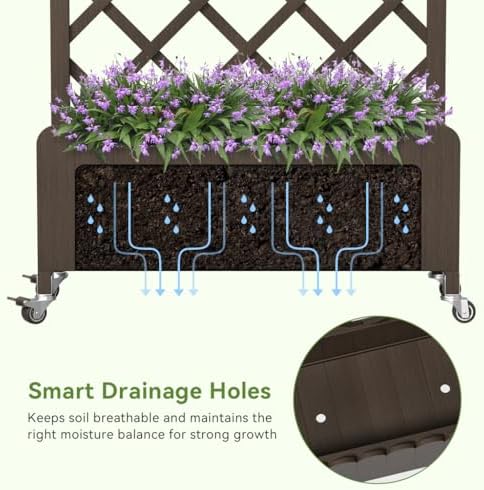 COMHOMA Planter Box with Trellis and Wheels, 48In Elevated Raised Garden Bed, Drainage Holes, Outdoor Lattice for Climbing Flowers, Vegetables, Patio Balcony, Brown - Image 5