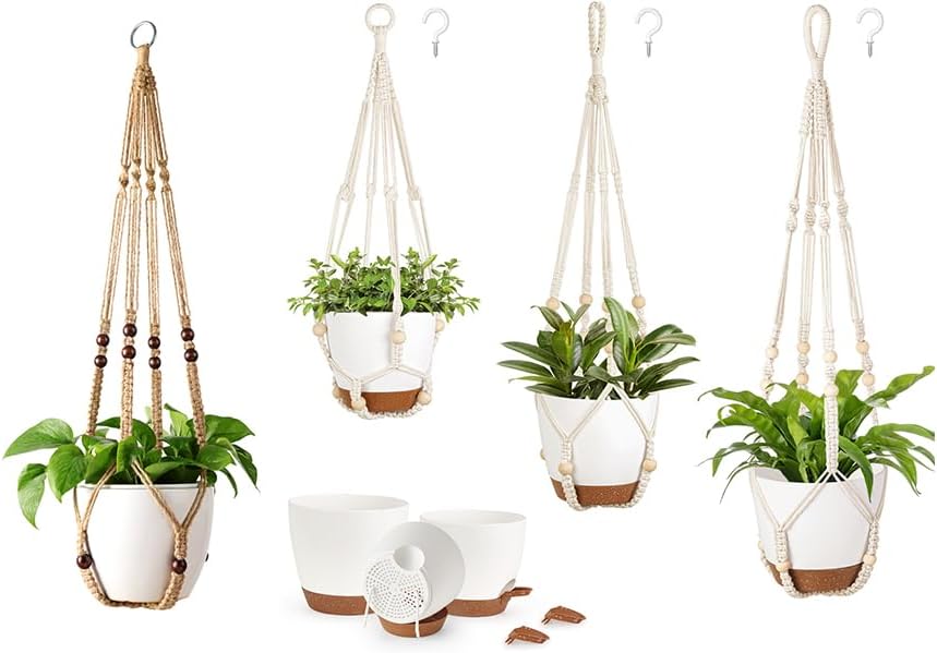 Mkono Macrame Plant Hanger and 3 Pack Plant Hangers with Self Watering Plant Pots Indoor Hanging Baskets Flower Pot Holders with Hooks No Tassels by Mkono