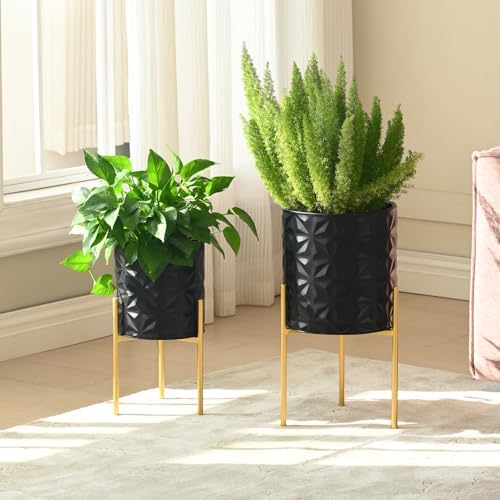 Modern Planter Pots, Set of 2 Black Planters with Stand, Decorative Planters, Metal Pots with Drainage Holes for Living Room, Office, Garden by AFTERMAT