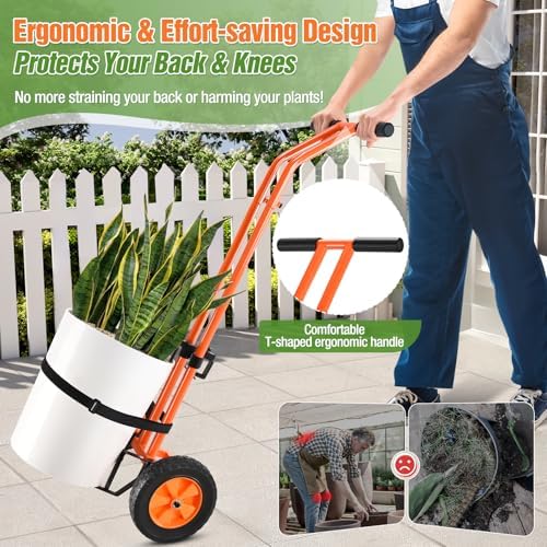 Plant Caddy with Wheels, Heavy Duty Plant Mover Cart with Adjustable Grabbing Arm and Strap, 175 LBS T-Handle Plant Dolly with Suction Cups for Plant Pots Garden Pot Trolley Indoor Outdoor Use, Orange - Image 3