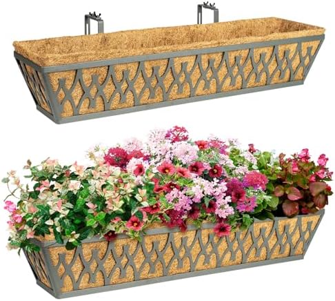 2 Pack 30 Inch Window Boxes Planters Railing Planter Box with Adjustable Brackets for Porch Fence Patio Balcony Hanging Flower Baskets with Coco Liners for Outdoor Garden Decor - Dark Grey by KarlliuHOMEGARDEN