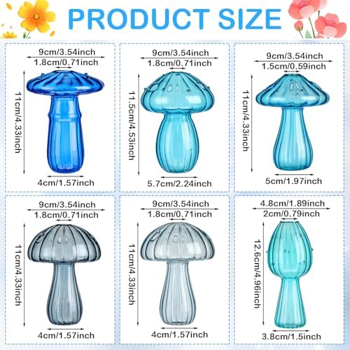 7 Pcs Glass Mushroom Vase Propagation Station with Hydroponic Plant and Artificial Fake Moss 6 Colored Plant Vase Table Centerpiece Decor for Forest Birthday Wedding Party Decoration (Blue) - Image 2