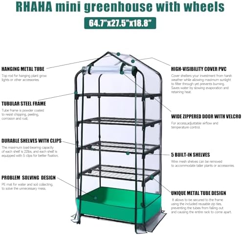5 Tier Mini Greenhouse with Wheels for Indoor Outdoor, Portable Green House with PVC Cover and Shelves for Seedling, Greenhouse with Waterproof Mat and Cover Tape, Gardening Gifts for Women Men - Image 5