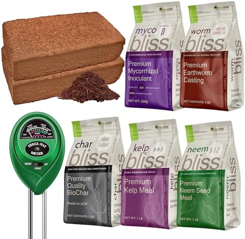 Coco Coir 650gm Bricks + Worm Castings + Mycorrhizal Inoculant + Neem Meal Fertilizer + Organic Biochar for Plants - All Natural Soil Amendments for Plants - Organic Coco Coir for Plants & Gardening by Plantonix