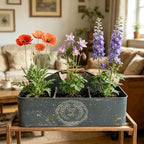 Vintage Metal Planter with Wooden Handle, Rustic Flower Pot with 6 Compartment Farmhouse Plants Holder Succulents Tubs for Garden Patio Yard Outdoor Decor (Blue - 6 Compartment) - Image 3