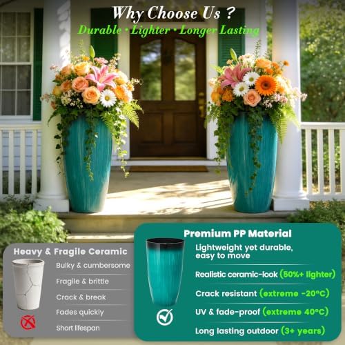 Autodaya 24" Faux Ceramic Large Planters for Outdoor Plants, Turquoise Teal - Image 4