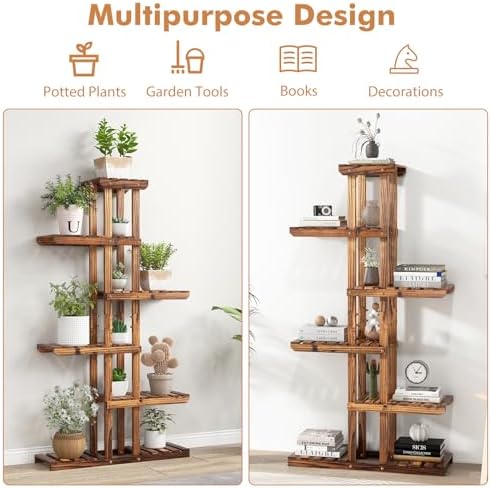 COSTWAY 6-Tier Multifunctional Wood Flower Stand, Shelf Holder for Multiple Plants, Freestanding Plant Rack for Garden, Patio, Balcony, Living Room, Indoor, Outdoor (29.5''x10''x55.5'') - Image 2