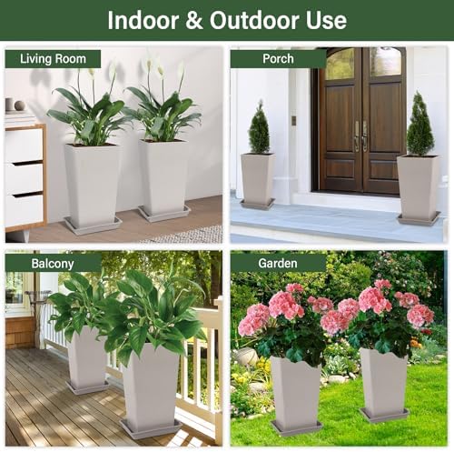 Neoaider Set of 2 Tall Planter, 21 inch Large Plastic Planter, Light Gray - Image 6