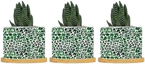 Leopard Green Planters Ceramic Green African Tribal Round Flower Pot with Drainage Holes and Bamboo Tray Pot for Succulents Cactus Garden Windowsill by BRUYU5SE