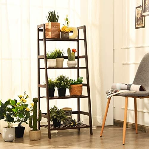 GIANTEX 4-Tier Ladder Shelf Plant Stand, Bamboo Plant Shelf, Espresso - Image 2
