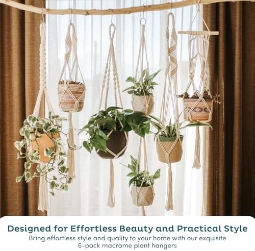 Nook Theory 6-Pack Macrame Plant Hangers with 12 Hooks - Hanging Planters for Indoor Plants, Boho Macrame Hangers Indoor Outdoor, Decorative Plant Hanger Indoor (Cream) - Image 2