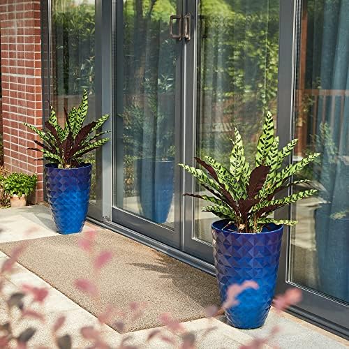 Glitzhome 19.75"H Tall Planters for Outdoor Plant,Tall Outdoor Planters with Drainage Holes,Faux Ceramic Diamond Textured,Large Gradient Cobalt Blue Planter Garden Flower Pots for Porch,Patio,Set of 2 - Image 6