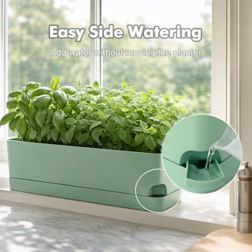 Party Zealot Window Boxes Planters, 3 Pack Self Watering Pots for Indoor Plants 17 Inch Rectangular Planter Rectangle Flower Pots Long Plant Pot Large Window Sill Herb Planter Box, Green - Image 4