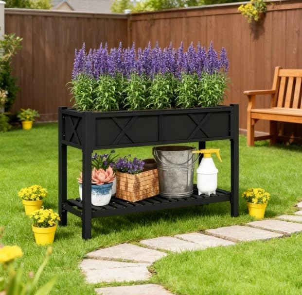 47 Inch Elevated Wood Raised Garden Bed with Storage Shelf, Black - Image 6