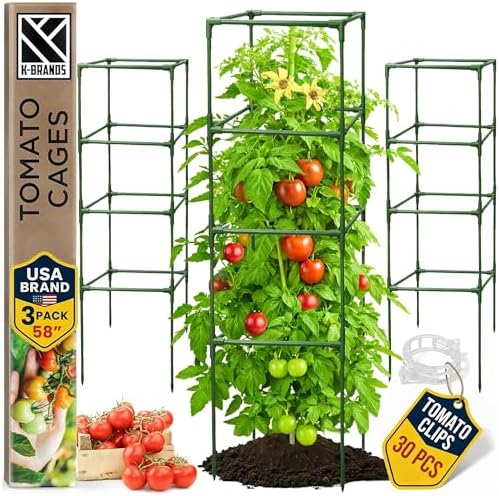 3 Pack 58" Square Tomato Cages for Garden - Large Tomato Trellis Stakes by K-BRANDS