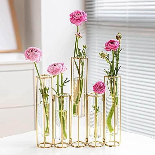 Bigsee Test Tube Vase for Flowers, Glass Vase with Metal Stand Racks Hydroponic Test Tube Vase Set of 5, Gold Hinged Plant Vases Display Set Table Centerpieces Vases for Home Decor by Bigsee