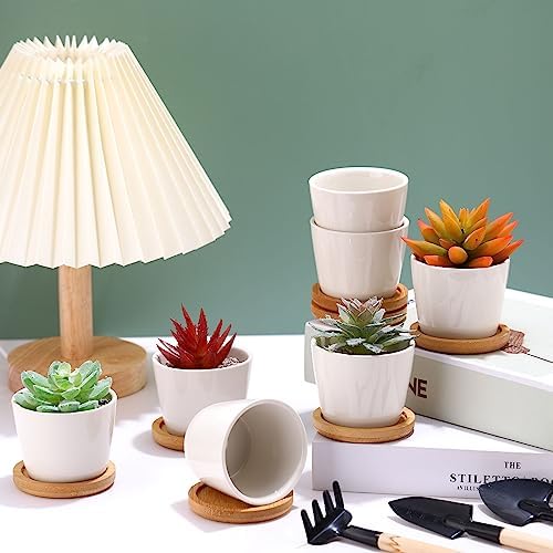 Hsei 24 Pack 2.5 Inch Mini Ceramic Succulent Pots with Bamboo Trays, White - Image 3