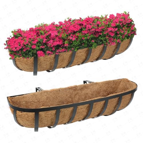 30 Inch 2 Packs Window Boxes Planters Railing Planter Box with Adjustable Brackets for Porch Fence Patio Balcony Hanging Flower Baskets with Coco Liners for Outdoor Garden Décor(30IN/2Packs) by Unknown