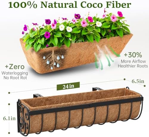 VOXOR Railing Planter Boxes, 24 Inch Window Boxes Planters, Balcony Planters with Adjustable Brackets & Coco Liner for Outdoor Fence, Deck, Porch, and Patio Gardening, 3 Pack - Image 2