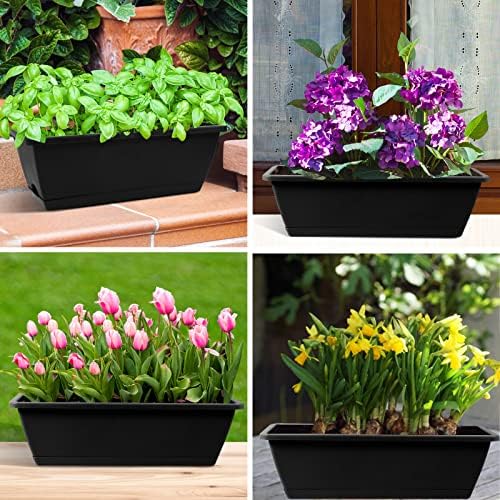 8pcs Window Box Planter,17 Inches Flower Window Boxes,Rectangle Planters Box with Drainage Holes and Trays, Plastic Vegetable Planters for Windowsill Patio Garden Home Decor Porch Yard (Black) - Image 5