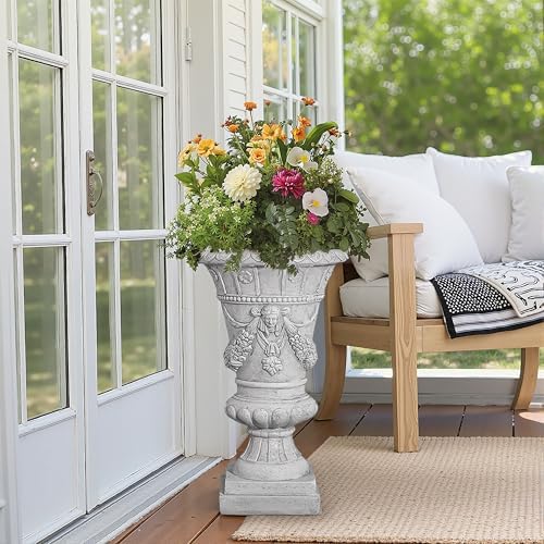 Merax 23.75'' H MGO Garden Urn Planter with Drainage Hole, Hand-Painted Outdoor & Indoor Decorative Urn, Light Grey by Merax