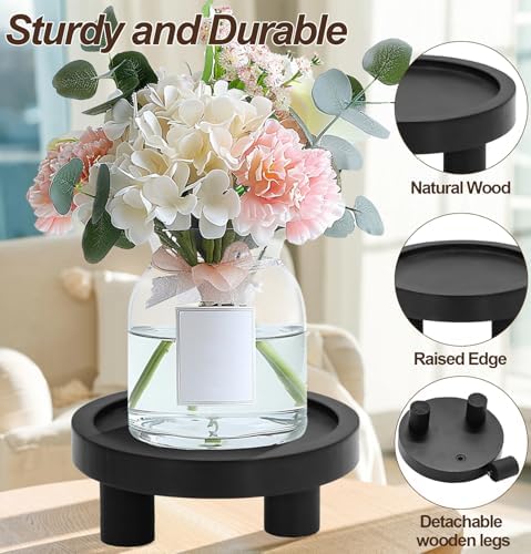 3 Pcs Wood Plant Stand Indoor Outdoor, Wooden Stool Display Stand 5/6/8" Round Riser Flower Pot Holder with Raised Edge Small Planter Tray Modern Potter Decorative for Garden Desktop Home Table Counter Room (Black) - Image 2