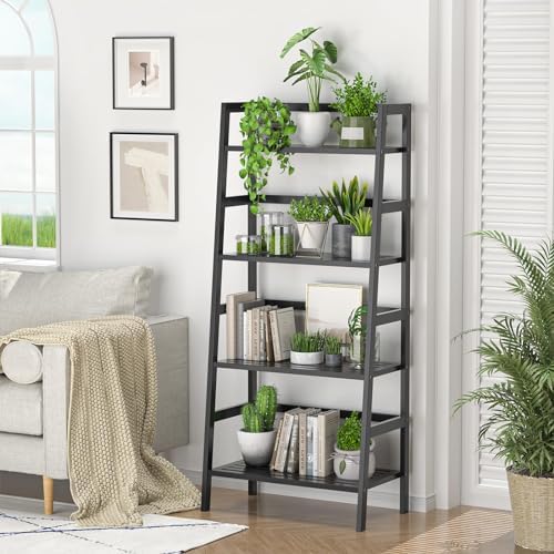 Homykic Black Ladder Shelf, 4-Tier Bamboo Bookshelf & Bookcase Organizer - Image 2
