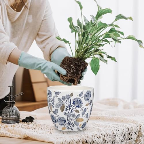 Decorative Flower Pots Blue and White Plant Pot Gold Accent Ceramic Planters for Indoor Plants Pots with Drainage Retro Planter Pot for Succulents Cactus Herb Snake Plants Outdoor Garden, 7.6/5.5 Inch - Image 4