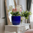 8 Inch Ceramic Plant Pot - Decorative Round Planter for Indoor Plants with Drainage Hole and Saucer, Home House Room Office Garden Decor, Blue - Image 5
