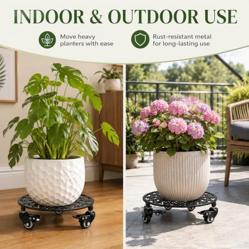 2 Pack 11" Plant Caddy with Wheels, Heavy Duty Metal, Black - Image 5