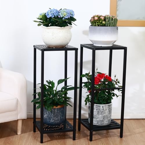Party Zealot 2 Packs of 2-Tier Tall Metal Square Plant Stand 31” Heavy-Duty Modern Flower Pot Rack for Indoor Living Room, Corner Side Table for Outdoor Patio, Garden Planter Holder, Black - Image 2
