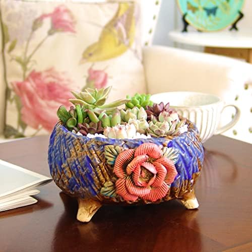 6.3 Inch Succulent Pot Handmade Flower Design Round Ceramic Antique Plant Pot Cactus Pot Planter with Drainge and Mesh Pad (Red) - Image 4