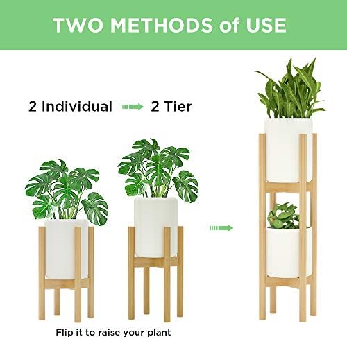 MUDEELA 2 Pack Indoor Plant Stands, 2 Tier Tall Plant Stand 30 inches, Mid Century Bamboo Plant Stand, Adjustable Width 8 - 12 inches, Fits Pot Size of 8 9 10 11 12 inches Pot & Plant Not Included, Natural - Image 3