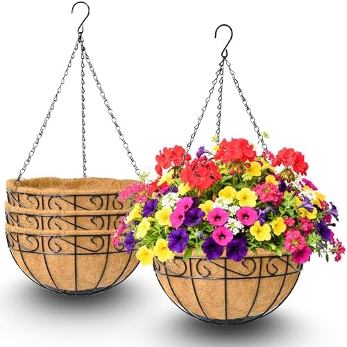 4 Pack 12 Inch Hanging Baskets for Plants Outdoor Metal Hanging Planters Round Hanging Flower Pots with Coco Coir Liner Plant Holder for Outdoor Patio Garden Balcony Decor - Flower Border by XXFBJNMD