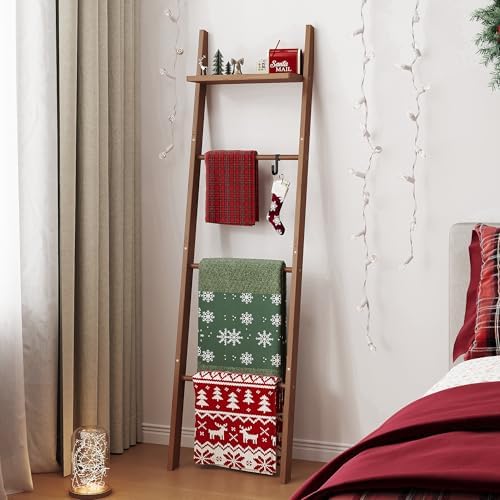 63" Bamboo Blanket Ladder with Shelf and 5 Hooks, Leaning Blanket Rack - Image 5
