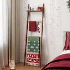 63" Bamboo Blanket Ladder with Shelf and 5 Hooks, Leaning Blanket Rack - Image 5