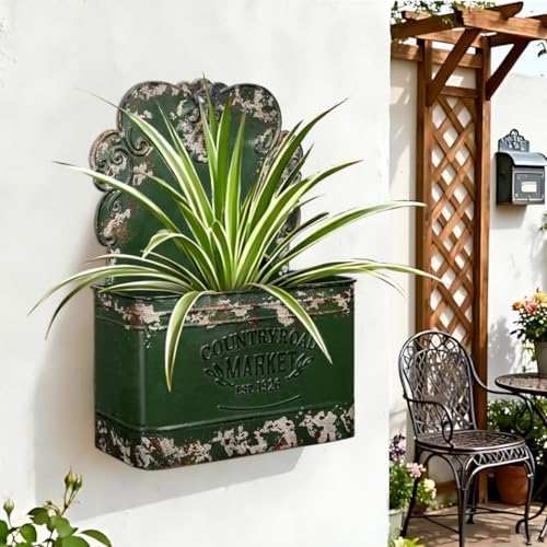 Set of 2 Metal Wall Planters Vintage Hanging Wall Planter Rustic Farmhouse Outdoor Decor Shabby Mount Planters for Fence Garden Patio Porch - Green - Image 6