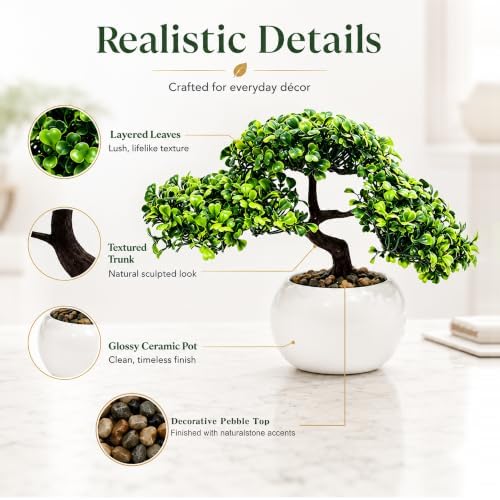 9.5 Inch Artificial Bonsai Tree with Ceramic Pot - Decorative Fake Plant for Home Office Living Room Window Sill, Fake Plants for Year-Round Decoration（White） - Image 2