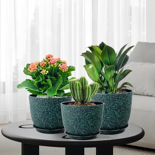 WSMKSZ Large Flower Pots 12/10/9 inch, Set of 3 Decorative Plastic Planters with Drainage Holes and Saucers for Garden House Plants, Plant Pots for Indoor Outdoor Plants, Black with Green Speckles - Image 7